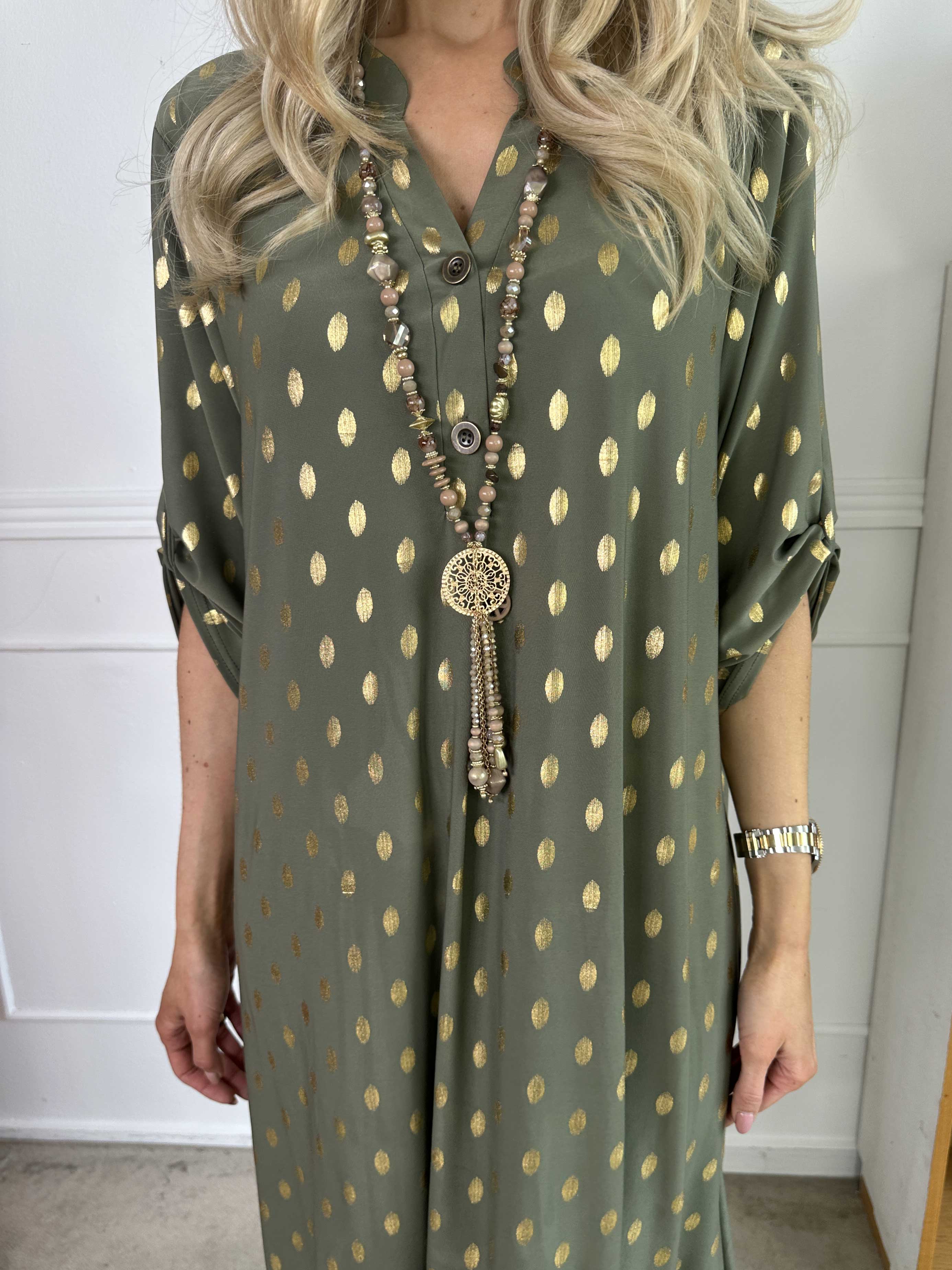 Ebba Gold Dress - Lång klänning med resår och guldprickar